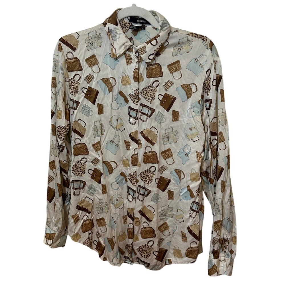 Vintage Ishyu 100% Silk Button Down Blouse Handbag Print Long Sleeve Women’s 10